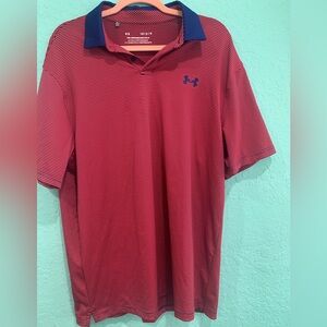 Under Armour Men's Red Navy Striped Polo Shirt L Performance golf preppy